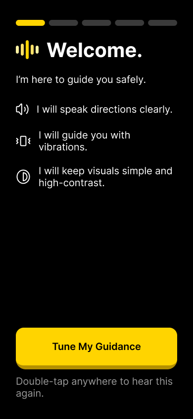 Welcome screen with first-person system voice